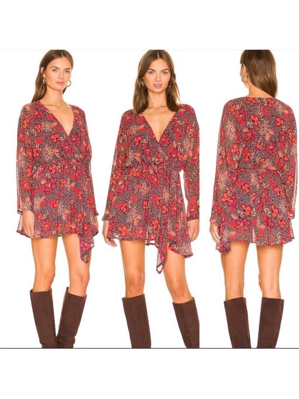 FREE PEOPLE Teegan Long Sleeve Floral Mini Dress‎ in Peach Combo Sz L Boho Glam